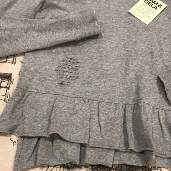 Pam & Gela Women's Sweater Gray Ruffle Hem Ripped - Picture 4 of 6